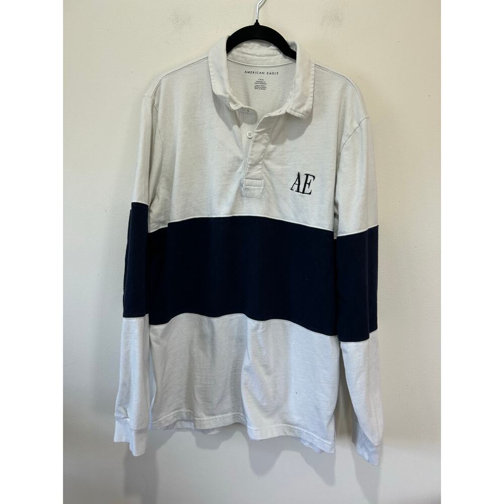 American Eagle rugby shirt mens L blue white *lots of stains*